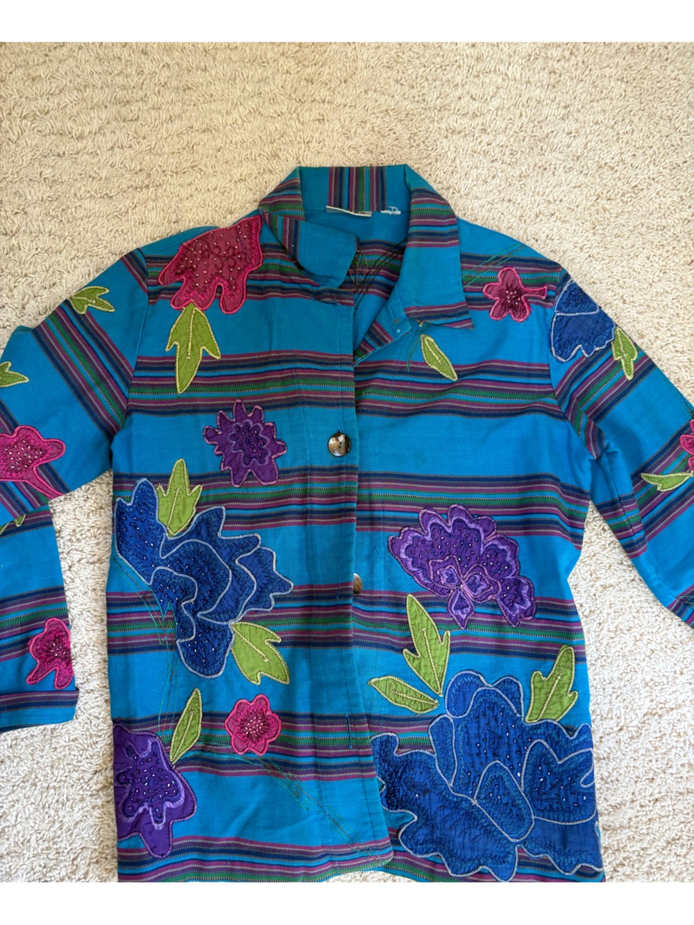 Chico’s Art To Wear Embellished Floral Jacket 💜💙Vibrant Blue Purple XL